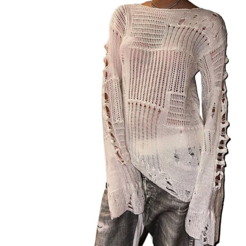 时尚破烂感镂空上衣早春新款小众设计慵懒感长袖毛织长款罩衫