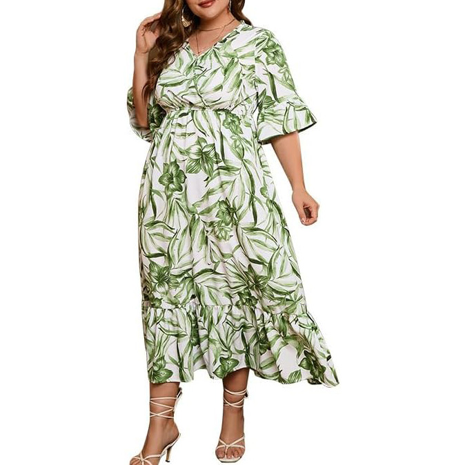 Women's Plus Size V Neck Boho Dress Summer Floral Printed Slit Maxi Dresses