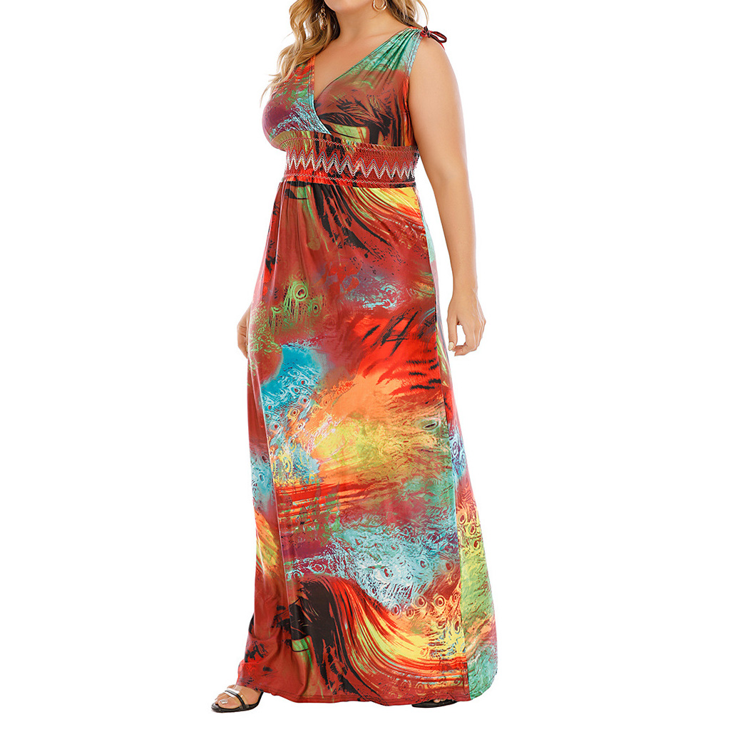 女士的大尺寸连衣裙无袖V领印花背心连衣裙紧身连衣裙夏季派对海滩裹身连衣裙