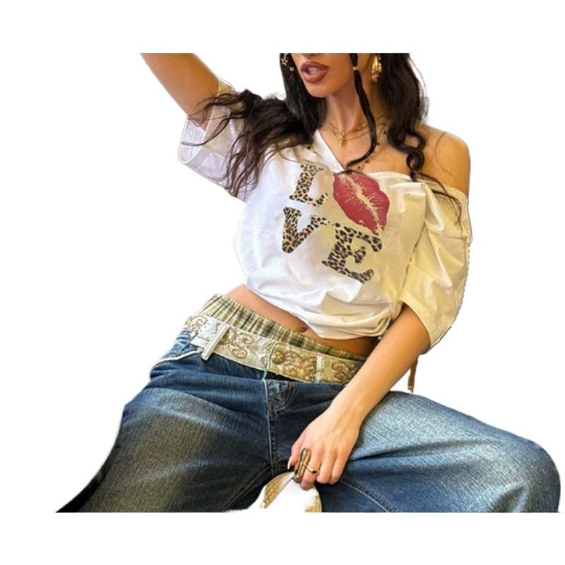 美式街头风辣妹穿搭字母印花T恤女跨境露肩V领宽松休闲百搭短上衣