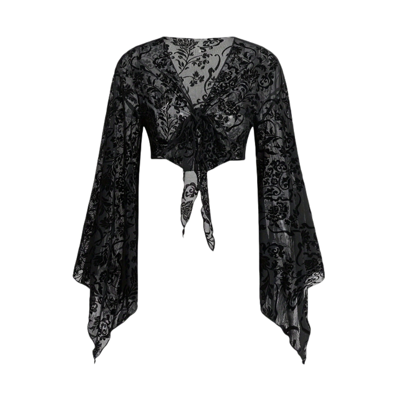 新款性感喇叭袖上衣网纱百搭系带开衫短款露脐针织衫