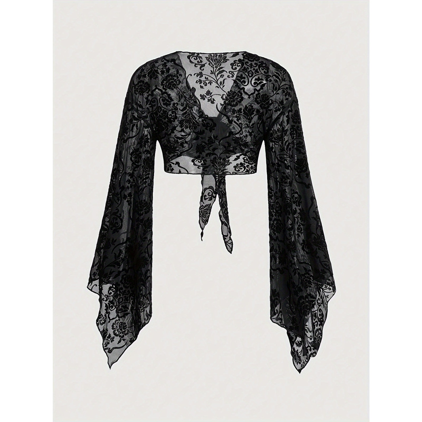 新款性感喇叭袖上衣网纱百搭系带开衫短款露脐针织衫