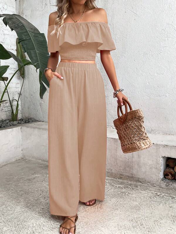 女性夏季2件套服装褶皱设置肩无袖管露脐上衣宽腿裤设置口袋连体裤