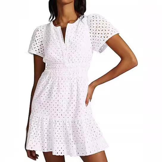 Womens Summer V Neck Lace Mini Dress A-Line Swing Short Sleeve Hollow Out Ruffle Casual Boho Beach Dress Y2K Breathable Lightweight Street Style Vacation Sundress