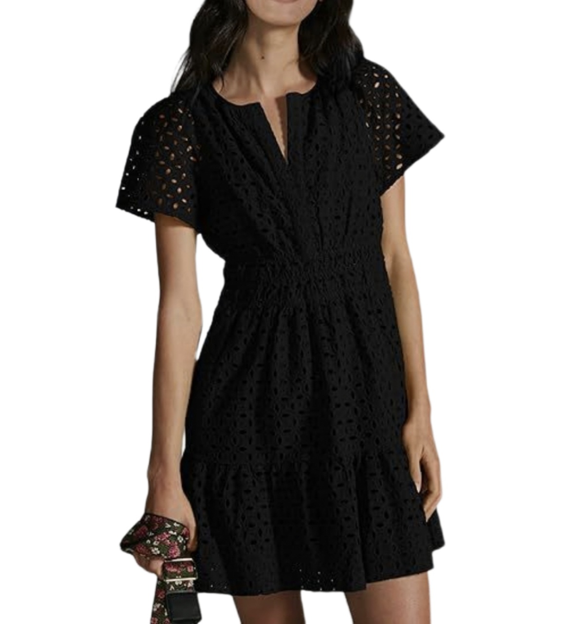 Womens Summer V Neck Lace Mini Dress A-Line Swing Short Sleeve Hollow Out Ruffle Casual Boho Beach Dress Y2K Breathable Lightweight Street Style Vacation Sundress