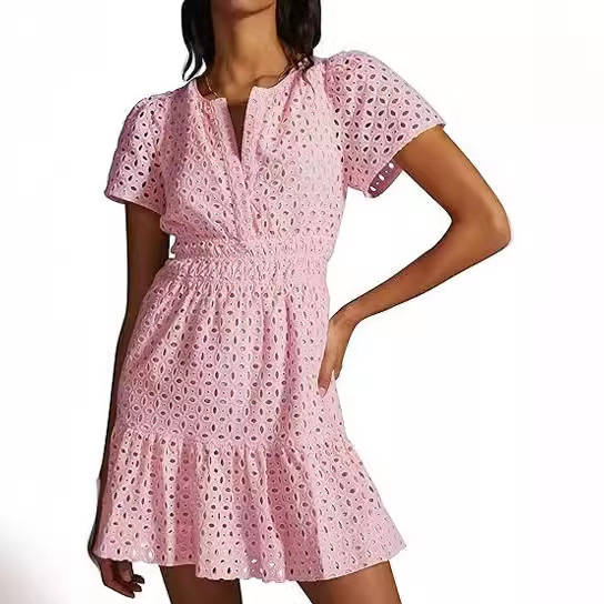 Womens Summer V Neck Lace Mini Dress A-Line Swing Short Sleeve Hollow Out Ruffle Casual Boho Beach Dress Y2K Breathable Lightweight Street Style Vacation Sundress