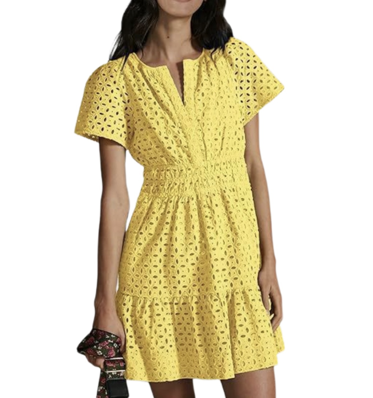 Womens Summer V Neck Lace Mini Dress A-Line Swing Short Sleeve Hollow Out Ruffle Casual Boho Beach Dress Y2K Breathable Lightweight Street Style Vacation Sundress