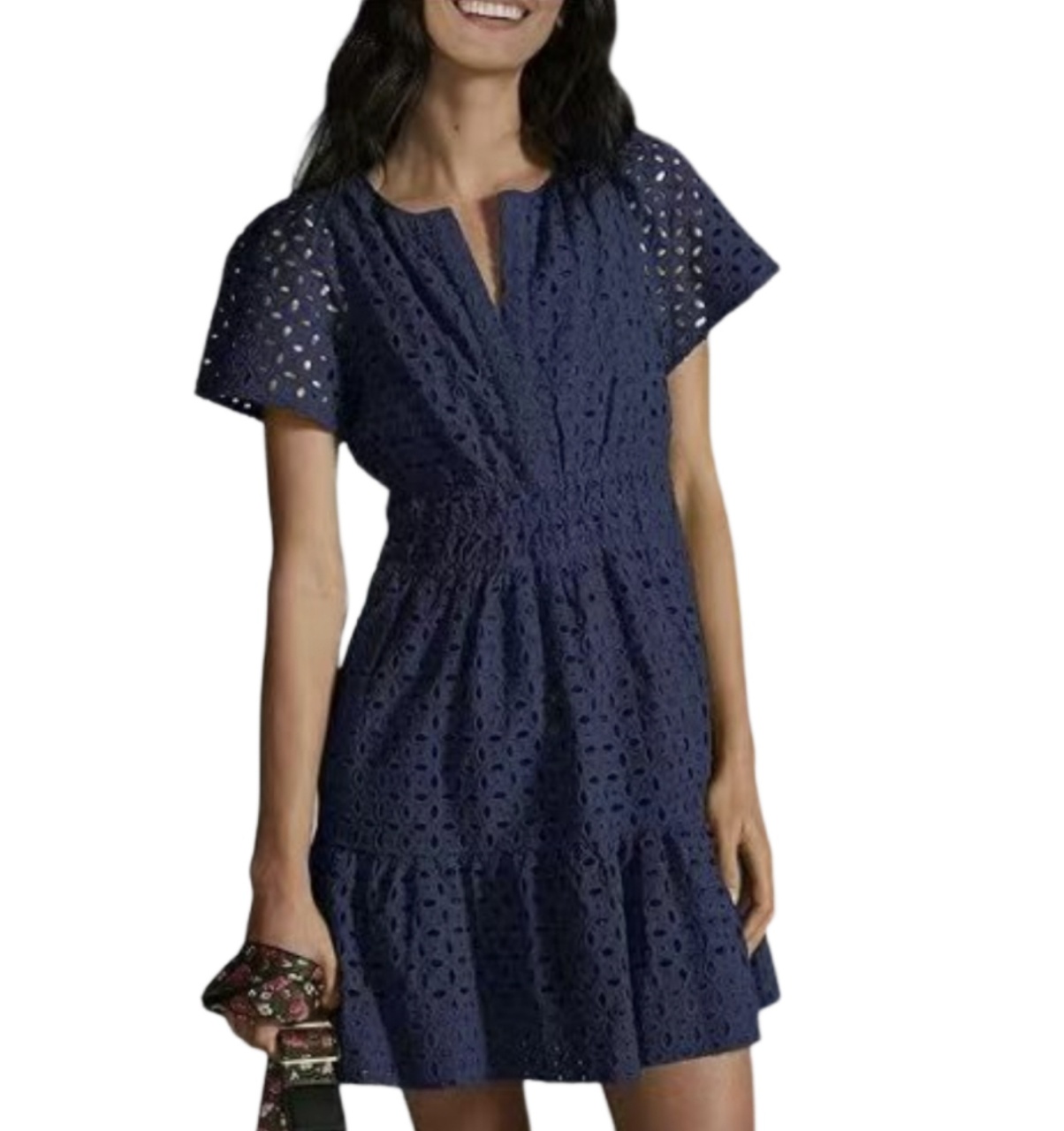 V领A字型镂空蕾丝褶皱短袖迷你连衣裙