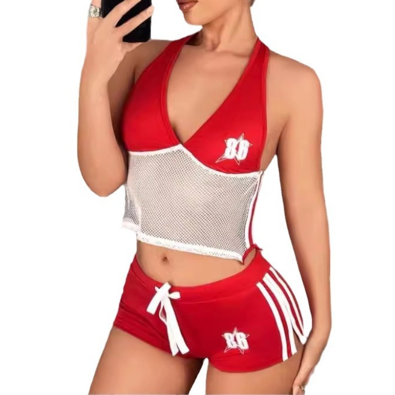 Women's Sexy Two-Piece Set Halter Neck Backless To Low-Rise Booty Shorts Slim-Fit Summer Outfit Beach Party Wear