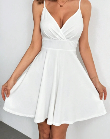 纯色V领高腰吊带露背连衣裙可调节吊带