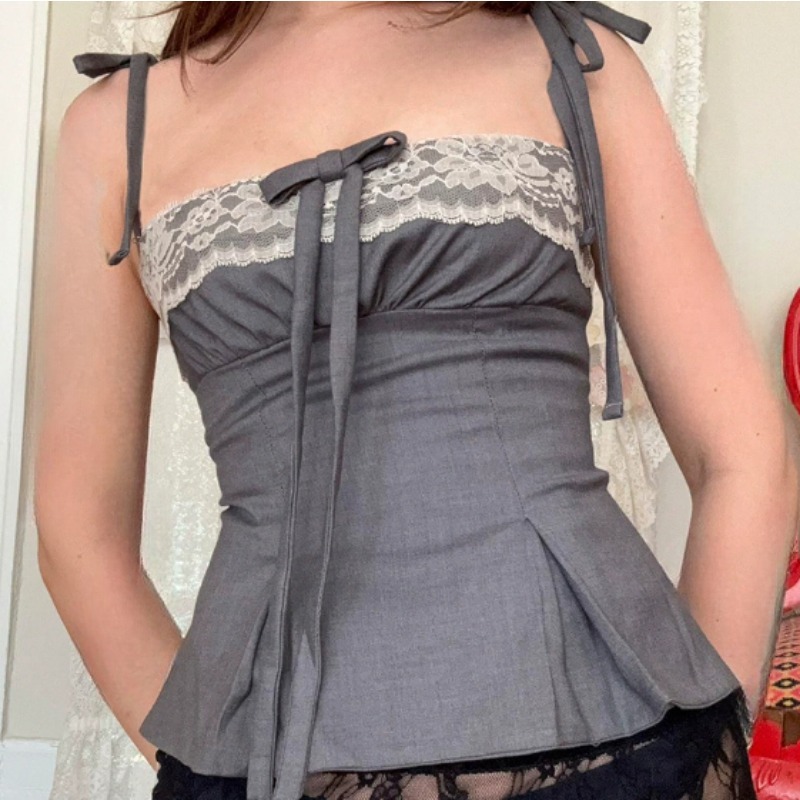 少女风系带蝴蝶结蕾丝拼接吊带甜美撞色性感收腰显瘦A字外穿背心