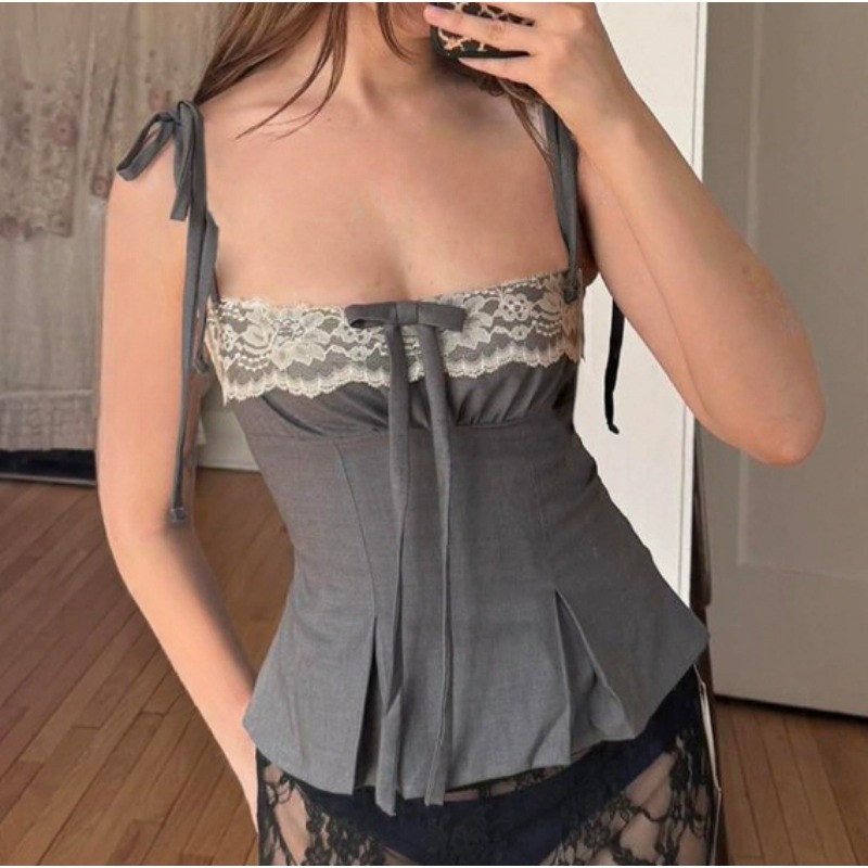 少女风系带蝴蝶结蕾丝拼接吊带甜美撞色性感收腰显瘦A字外穿背心