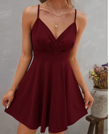 纯色V领高腰吊带露背连衣裙可调节吊带