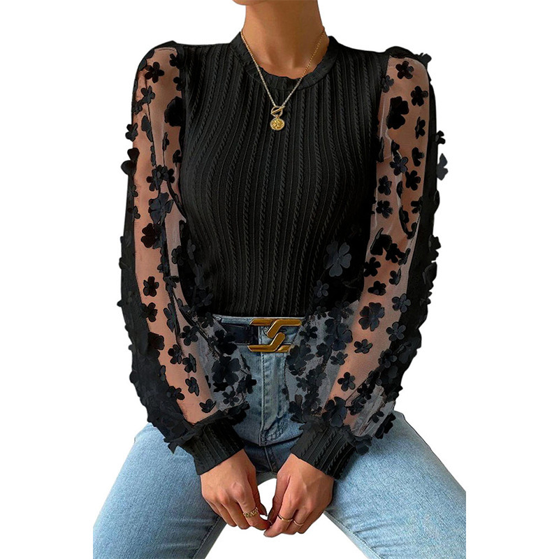 Womens Summer Chiffon Mesh Floral Crew Neck Blouse Sheer Long Sleeve Pullover Top Slim Fit Elegant Y2K Aesthetic Breathable Lightweight Tunic Cut Vacation Ready Street Style