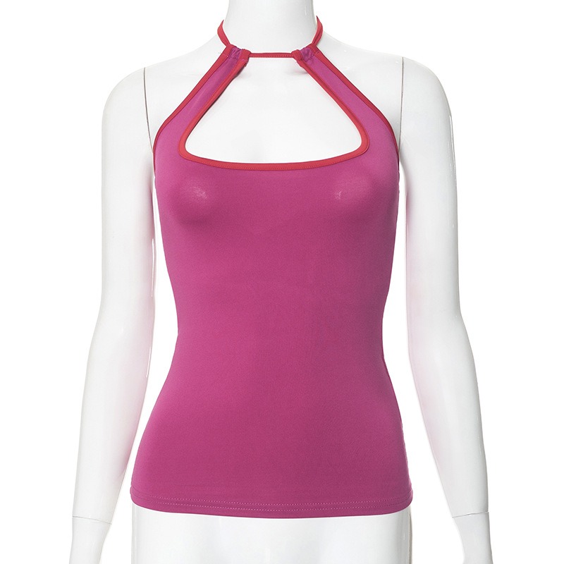 夏季新款撞色挂脖系带镂空露背休闲背心上衣T恤