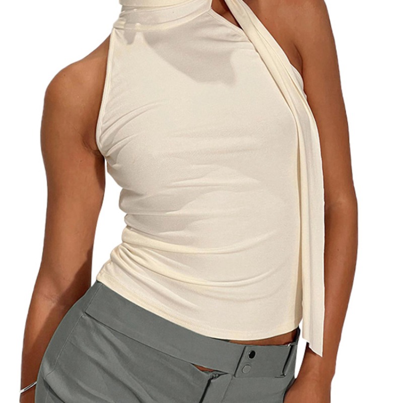 纯色无袖高领绑结飘带T恤上衣女