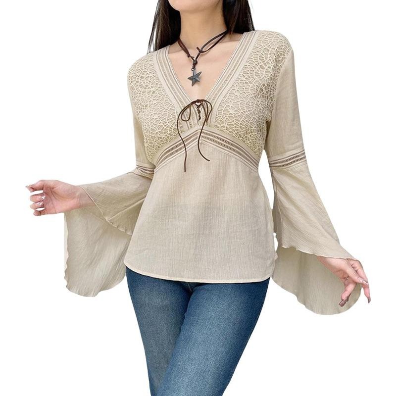 时尚休闲风提花网布荷叶袖衬衫女新款百搭V领系带宽松型上衣