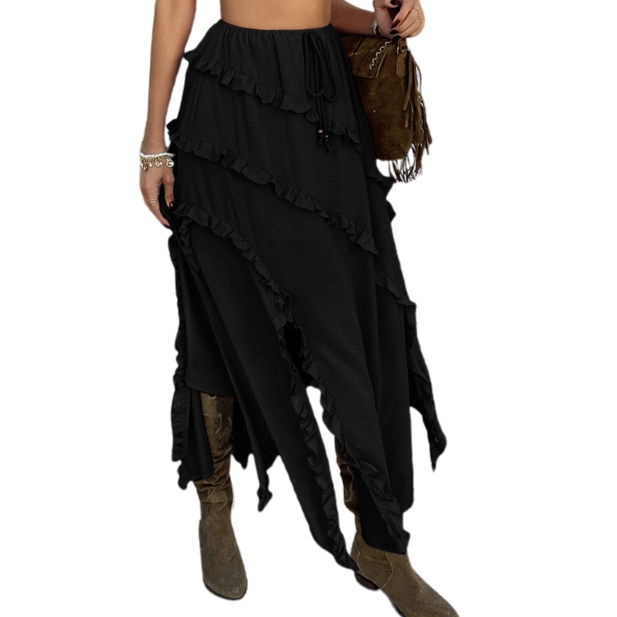 迪芸跨境2025春夏欧美休闲度假风纯色花边系带收腰中长半身裙子女