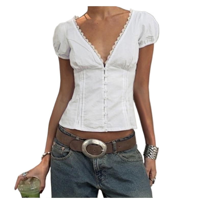 法式少女风减龄蕾丝拼接V领泡泡短袖衬衫跨境纽扣束腰修身短上衣