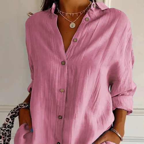 单排扣打褶翻领衬衫女士纯色可挽袖上衣