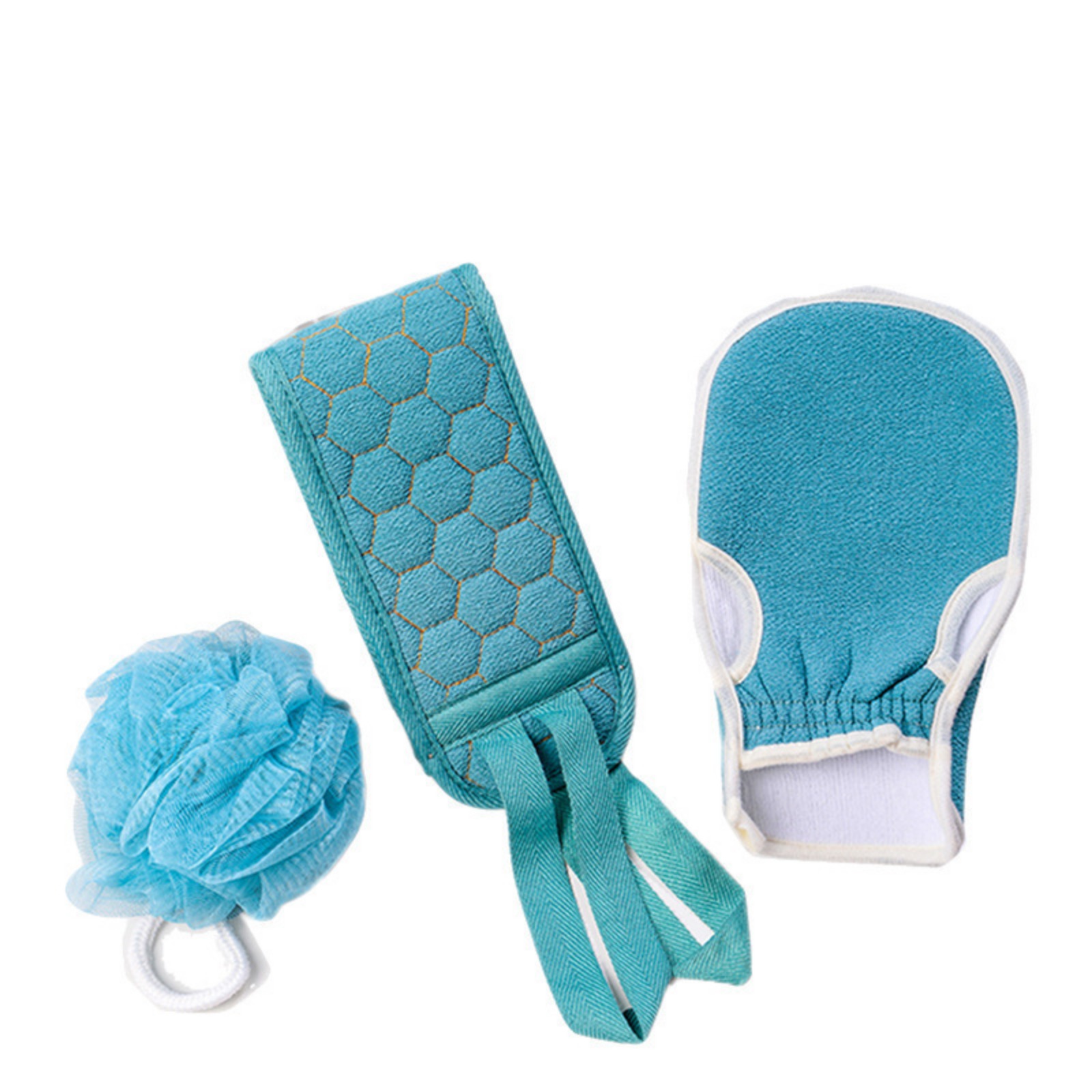 Bathing 3-Piece Set - Exfoliating Gloves, Long Back Scrubber and Loofah Sponge (Home Spa Essentials)