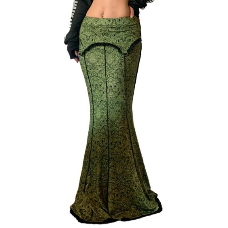 田园少女风蕾丝撞色包臀鱼尾长裙女跨境复古低腰修身半身裙