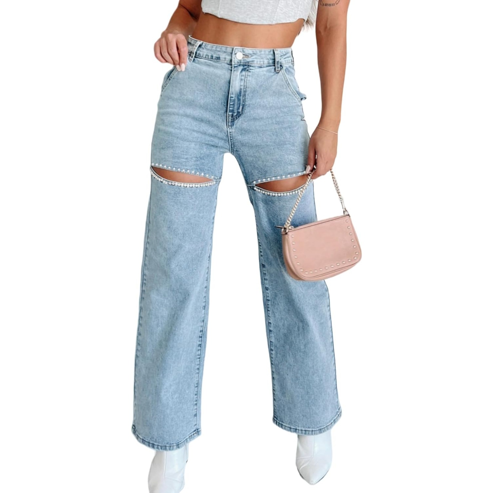 时尚休闲牛仔裤钉钻破洞直筒女士做旧牛仔裤