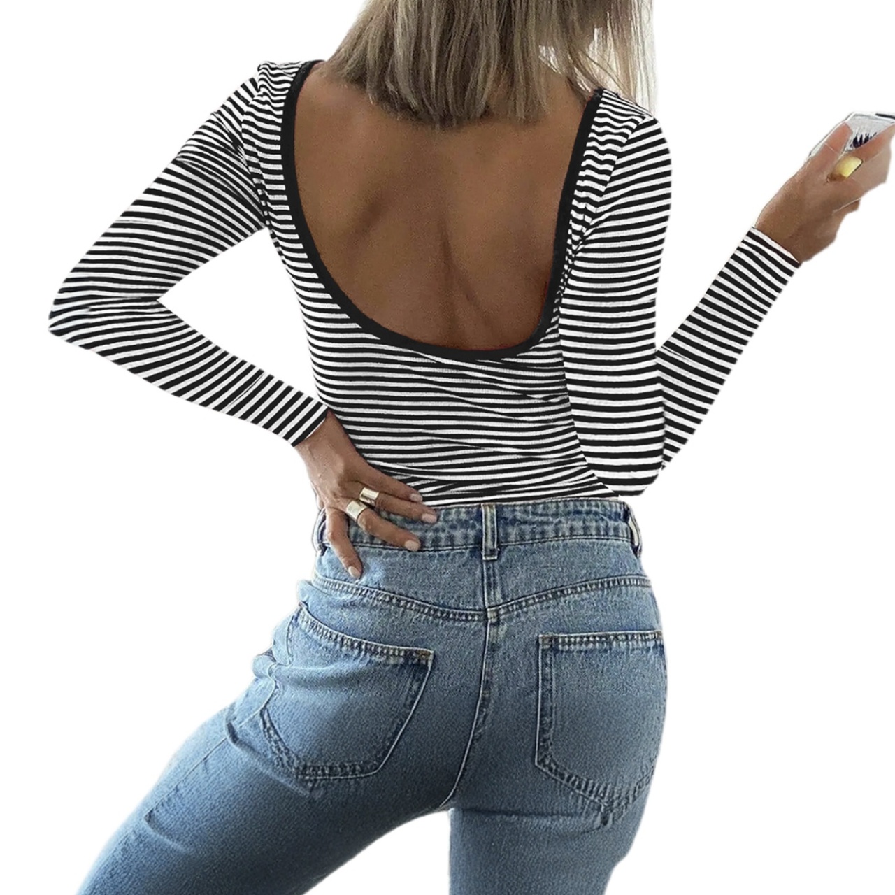 Womens Fall Y2K Striped Color Block T-Shirt Long Sleeve Open Back Crop Top Retro Street Style Slim Fit Layering Piece Sexy Boat Neck Tee Club Outfits Casual Edgy Blouse