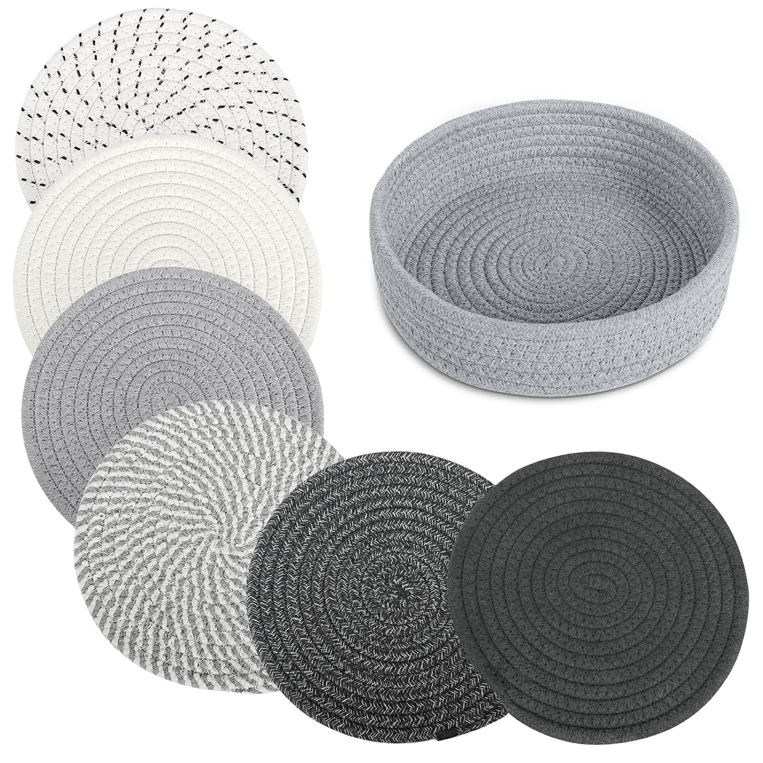 Scandinavian Woven Cotton Trivets Set - 6 Heat-Resistant Table Mats & Storage Basket for Hot Dishes (Gray/Brown)