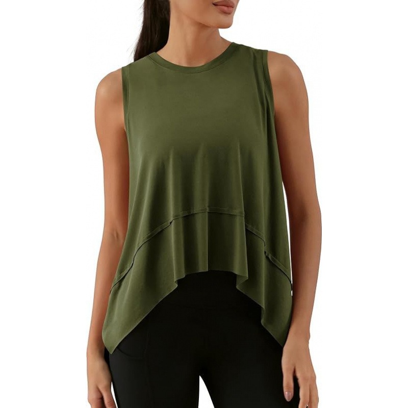 Women's Yoga Tank Top Asymmetrical Sleeveless Tee Solid Color Sports Vest Breathable Workout Top Loose Fit Casual Wear