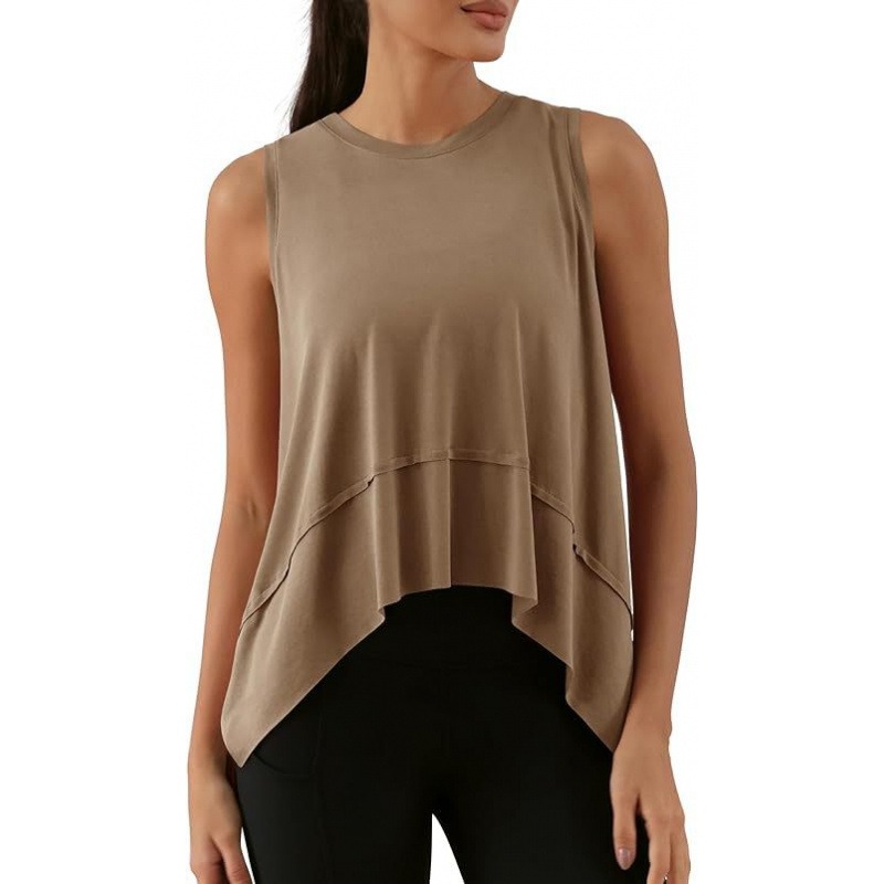 Women's Yoga Tank Top Asymmetrical Sleeveless Tee Solid Color Sports Vest Breathable Workout Top Loose Fit Casual Wear
