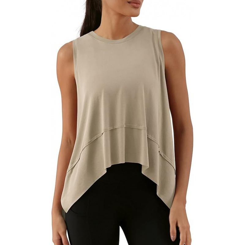 Women's Yoga Tank Top Asymmetrical Sleeveless Tee Solid Color Sports Vest Breathable Workout Top Loose Fit Casual Wear