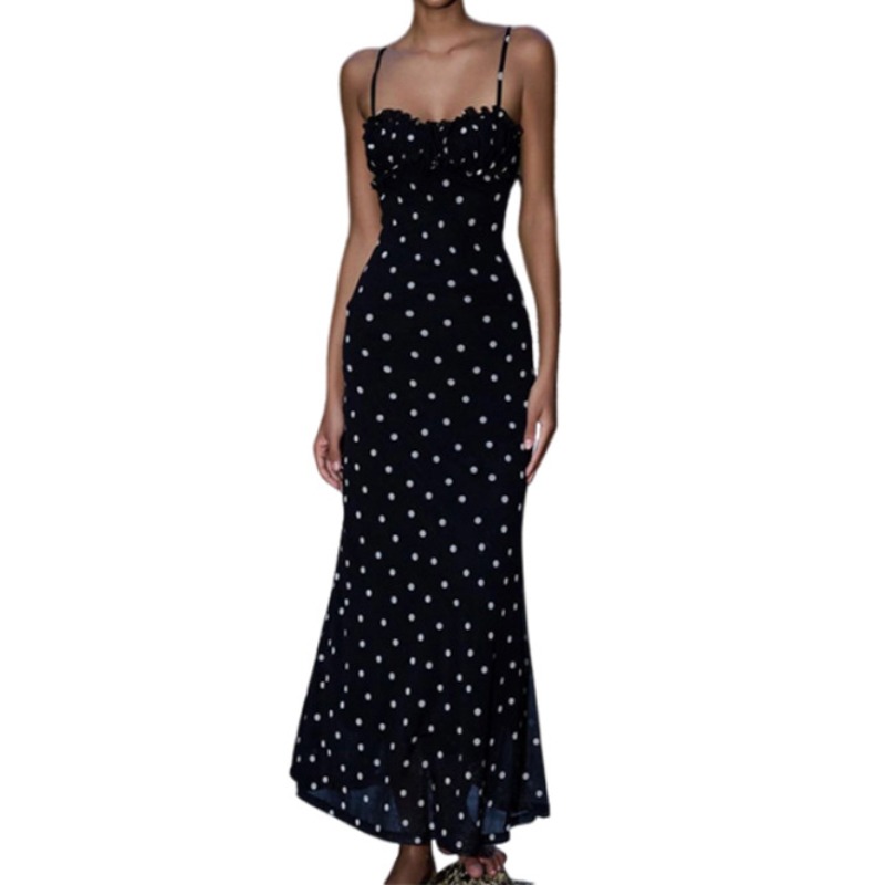Women's Backless Dress French Style Polka Dot Midi Dress Slim Fit Bodycon Spaghetti Strap Party Dress Elegant Evening Gown