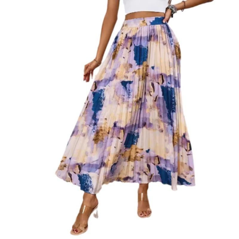 Women Full/Ankle Length Blending Maxi Chiffon Long Skirt Beach Skirt, Summer High-end Oil Painting Printed Pleated Skirt, Drape A-line Pleated Skirt