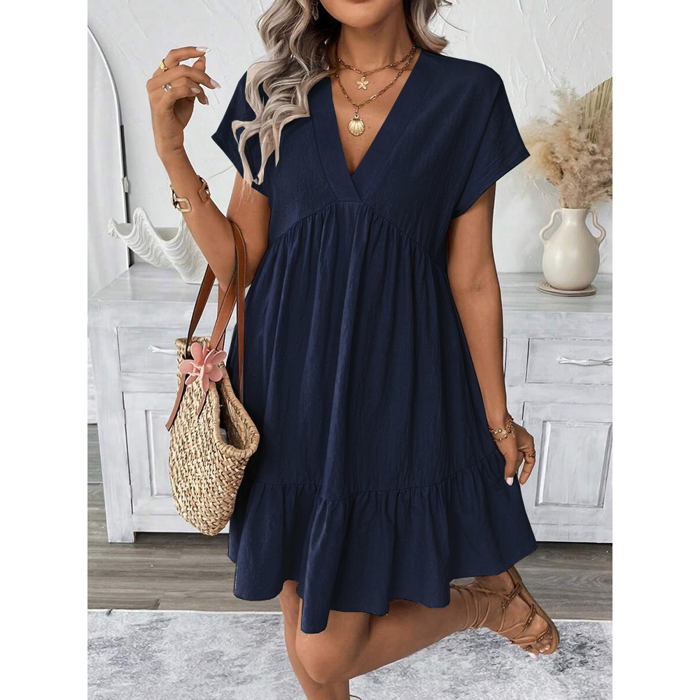 Womens Summer Solid Color V Neck Dress - Loose Ruffle Hem & A-Line Swing Skirt Breathable Cotton Fabric Beach Vacation Ready Outfit Y2K Casual Street Style Mini Dress