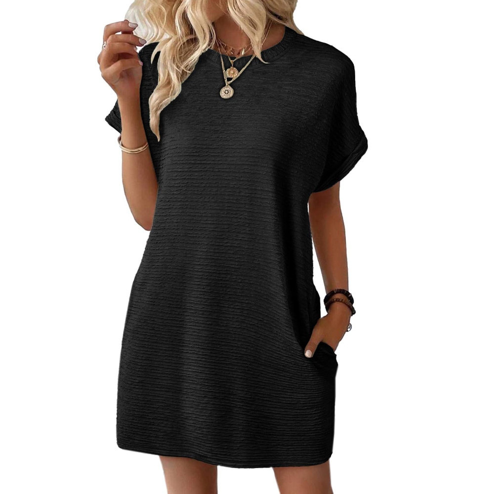 Womens 2025 Summer Crew Neck Short Sleeve Mini Dress Loose Fit Solid Colour Casual Street Style to Beach Vacation Outfit Y2K Breathable Daily Dress with Pocket