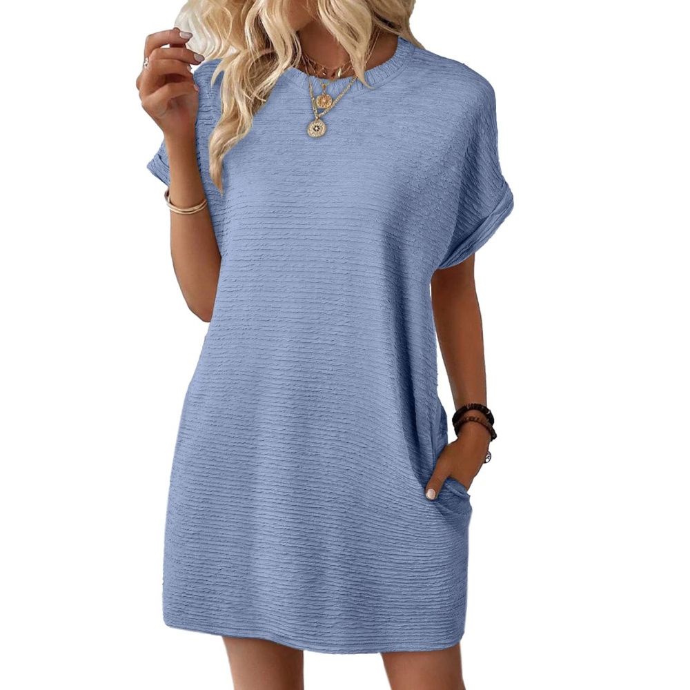 Womens 2025 Summer Crew Neck Short Sleeve Mini Dress Loose Fit Solid Colour Casual Street Style to Beach Vacation Outfit Y2K Breathable Daily Dress with Pocket