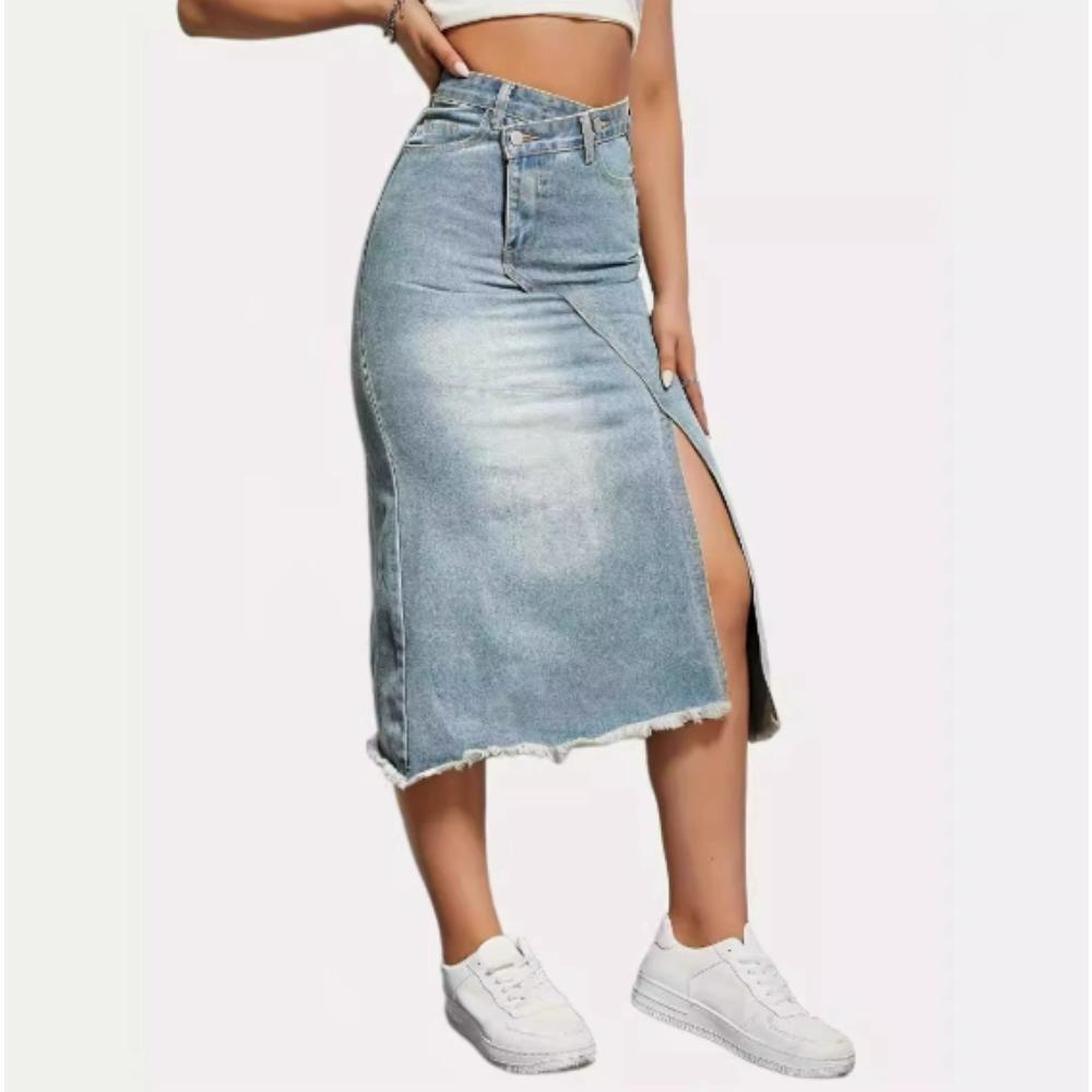 Women’s High Waist Midi Jean Skirt Casual Split Frayed Raw Hem Stretchy Knee Length Denim Skirt