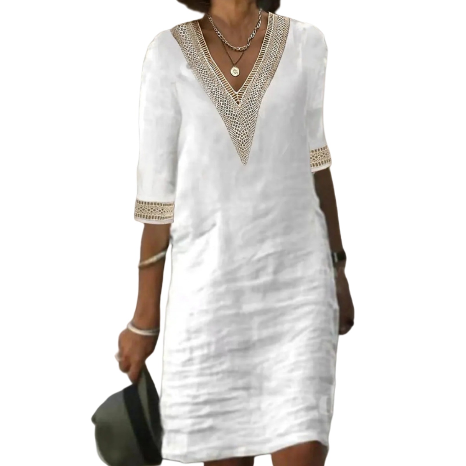 Women's Casual V-Neck Half Sleeve Cotton Midi Dress with Lace Trim Black/White Summer Breathable Knee-Length Shift Dress