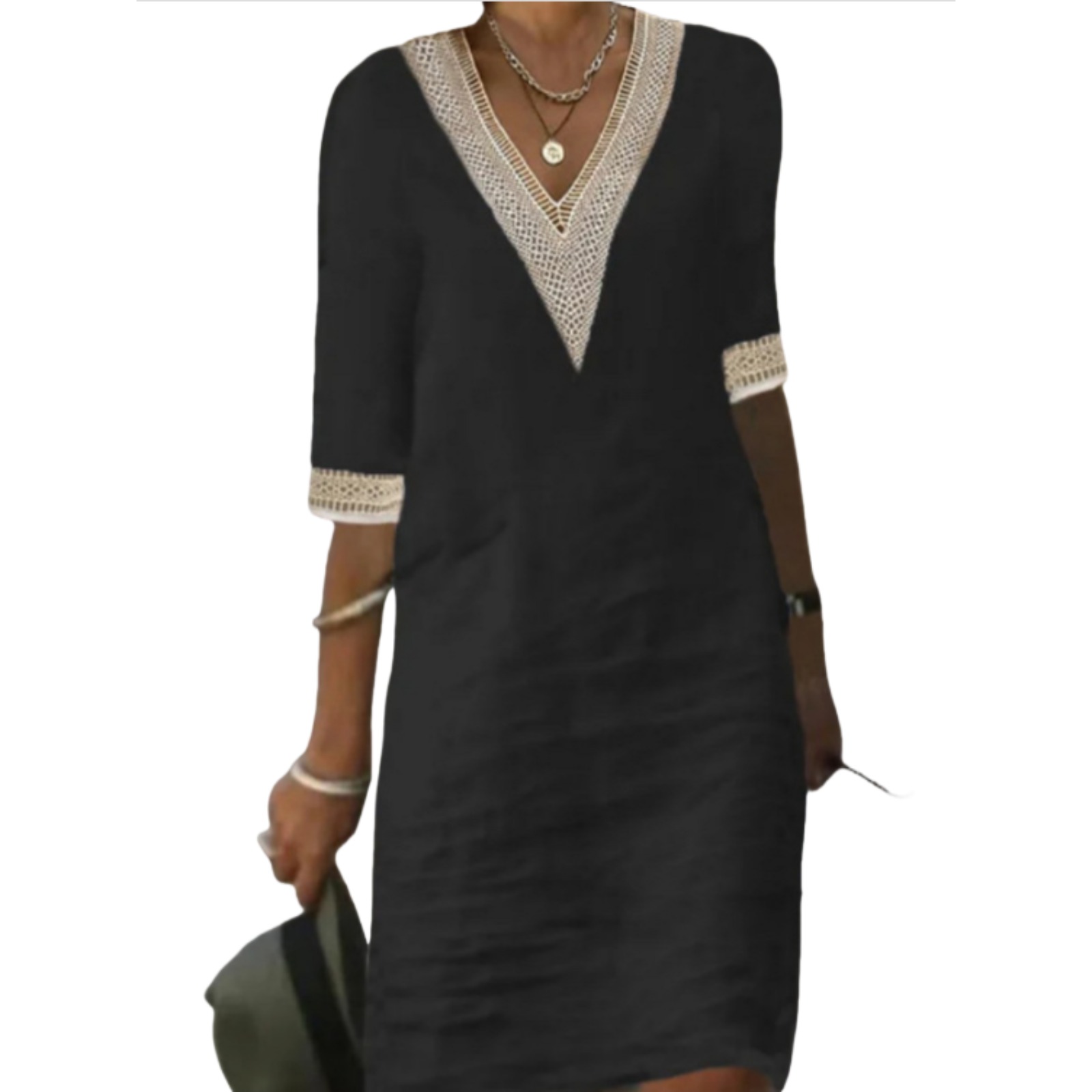 欧美女装亚马逊热卖独立站热卖纯色V领中袖棉麻休闲连衣裙