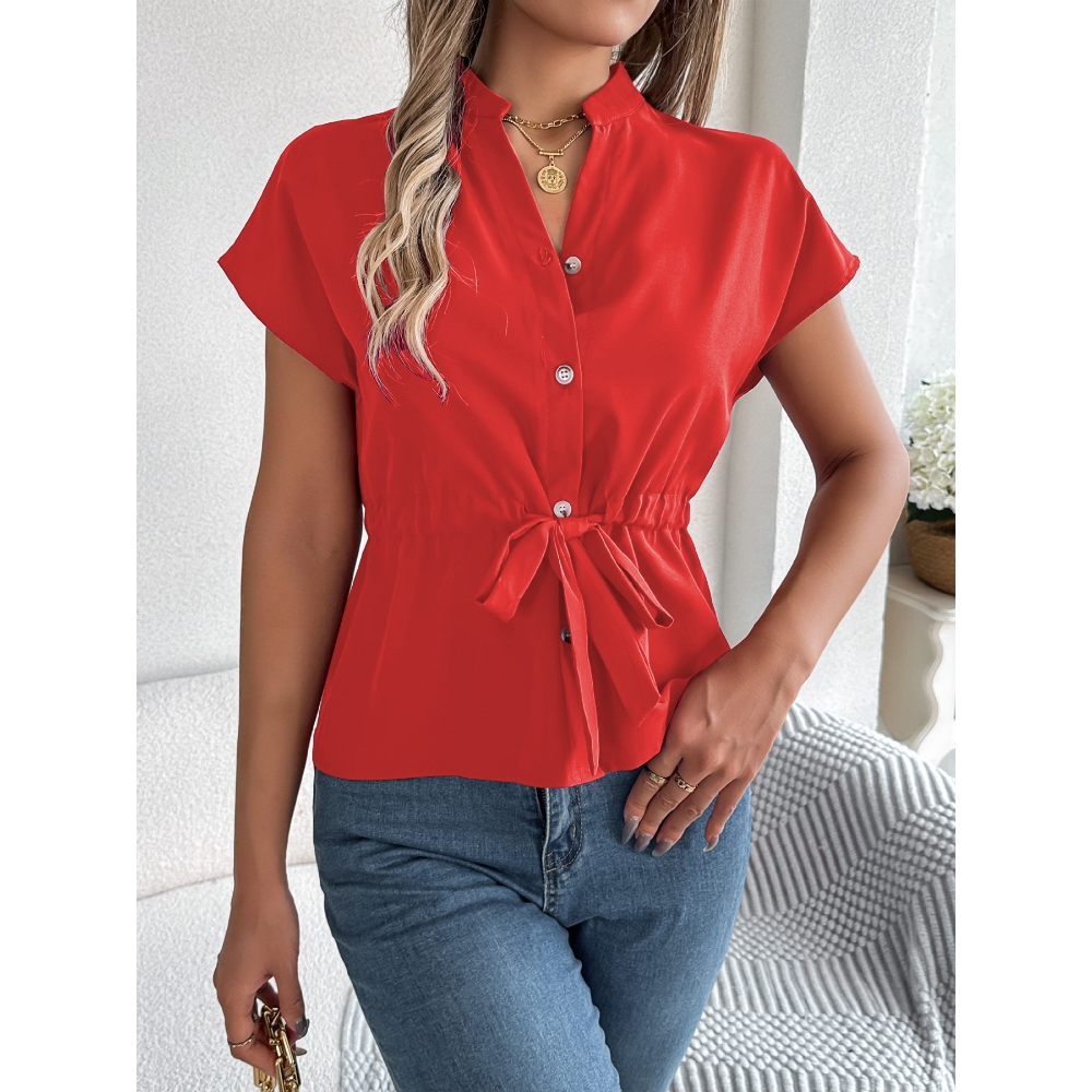 2025夏基亚马逊跨境衬衫短袖雪纺V领纽扣衬衫气质优雅腰带款女装