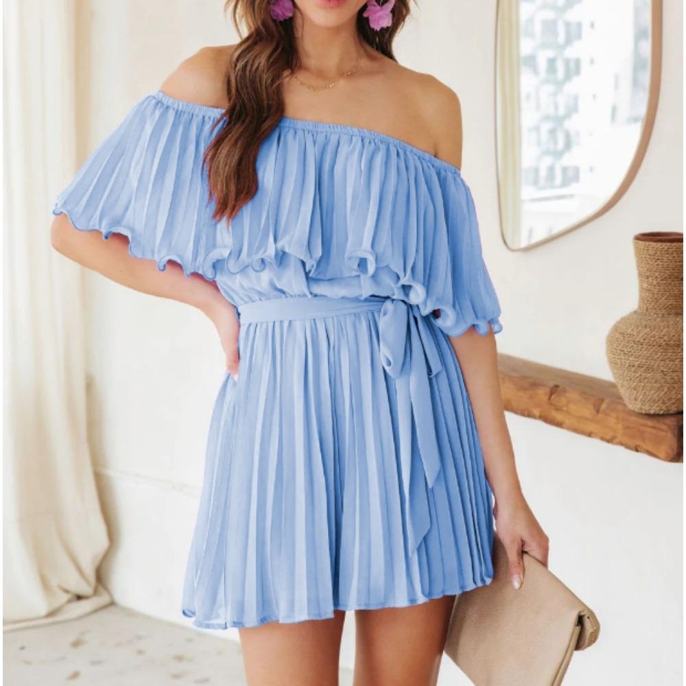 夏季新款纯色性感压褶短袖连体裤休闲度假连体一字肩短裤女