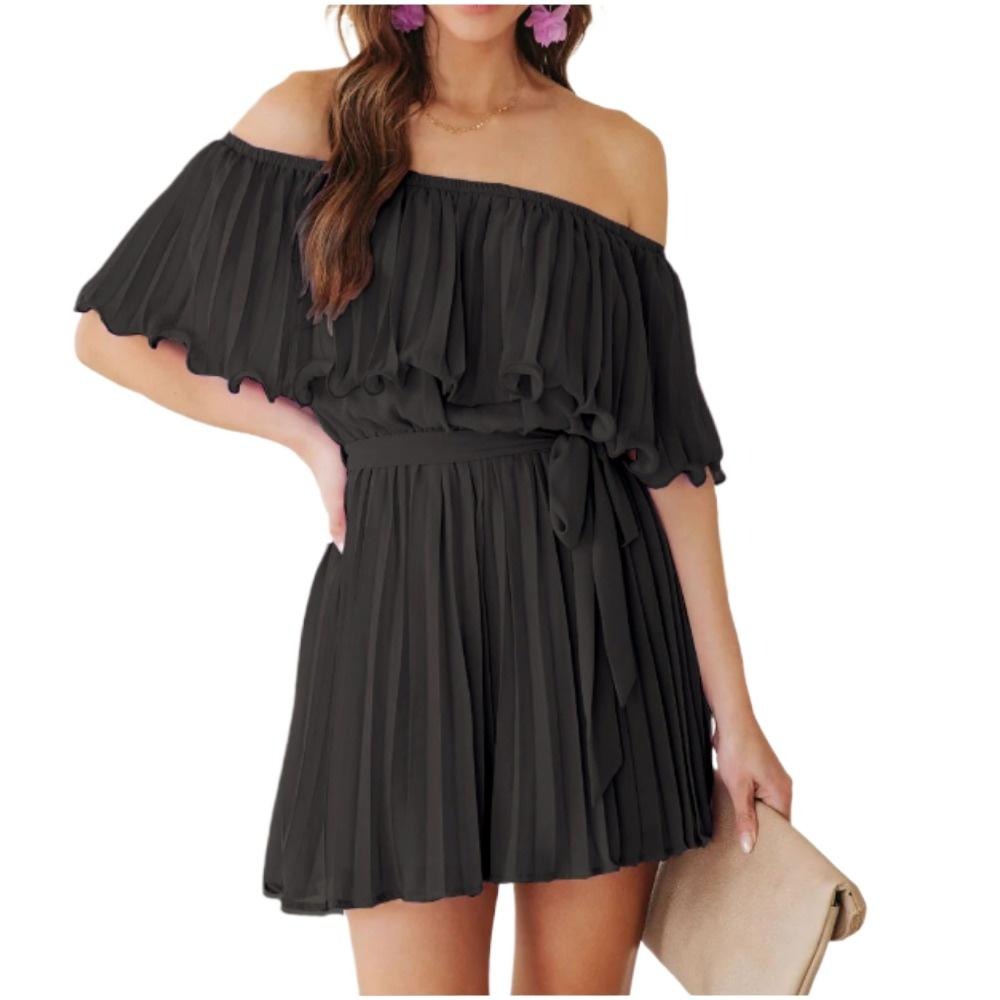 夏季新款纯色性感压褶短袖连体裤休闲度假连体一字肩短裤女