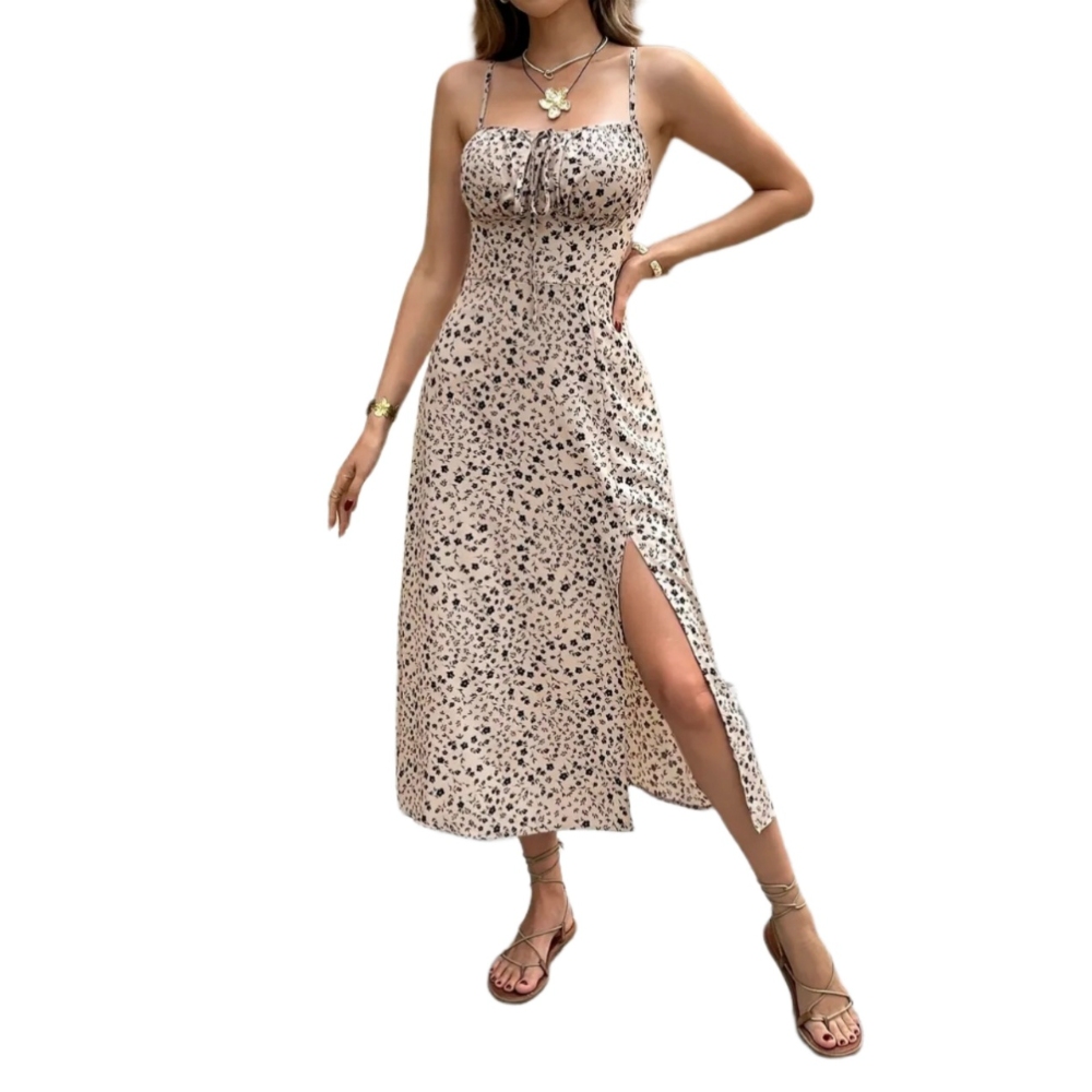 亚马逊2025新款欧美跨境女装夏季长裙小碎花印花花朵吊带连衣裙