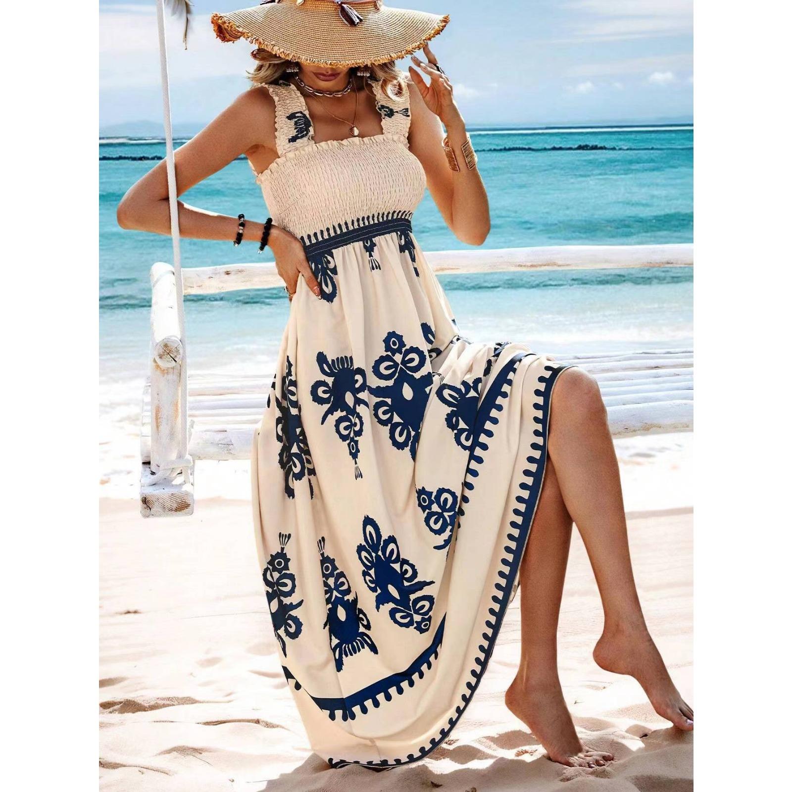 Women's 2025 Summer Square Neck Beach Dress Wide Straps Elastic Bust Floral Print Polyester Maxi Dress White/Green/Blue
