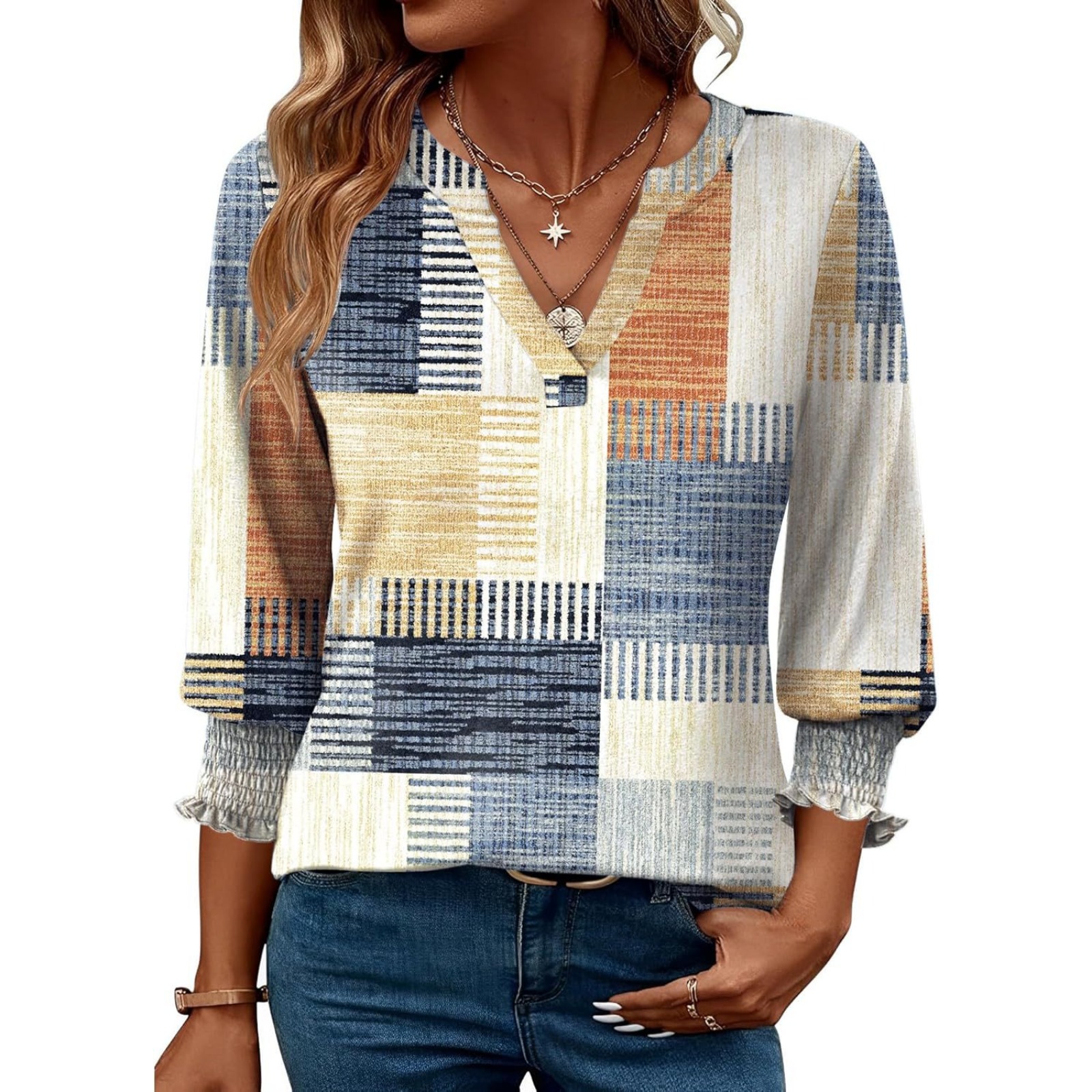 跨境欧美亚马逊TK夏季爆款宽松休闲印花五分袖V领T恤上衣女