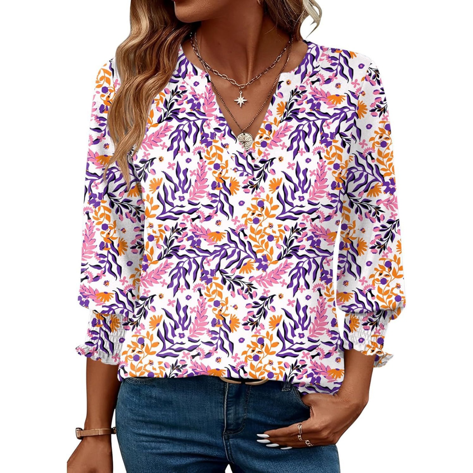 跨境欧美亚马逊TK夏季爆款宽松休闲印花五分袖V领T恤上衣女