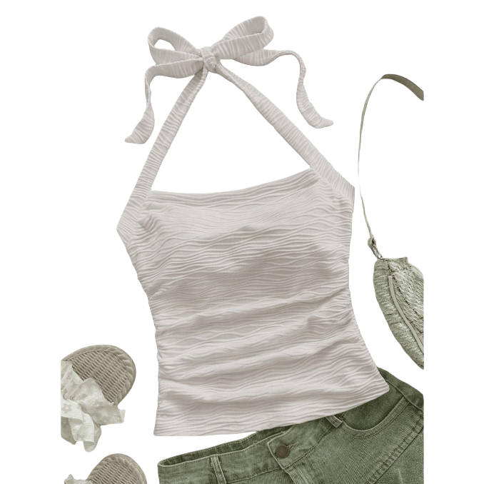 Women's Ruched Halter Tie-Neck Crop Top 2025 Summer Slim Fit Sleeveless Polyester Cami Shirt Pink/White Y2K Bodycon Beachwear