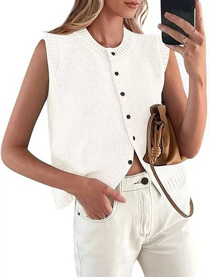 Women's 2025 Summer Sleeveless Knit Vest Cropped Round Neck Viscose Cardigan Casual Layering Tank Top Grey/Pink/White
