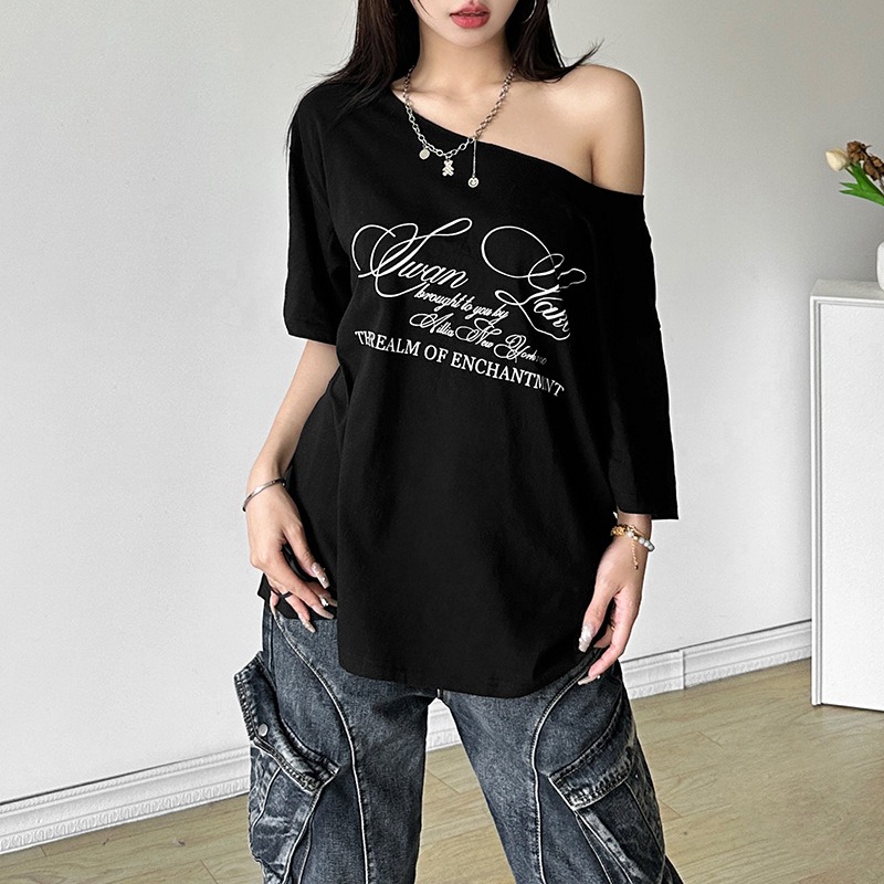 Women's Streetwear T-Shirt Off-Shoulder Loose Fit Top American Style Letter Print Urban Fashion Tee Oversized Casual Wear